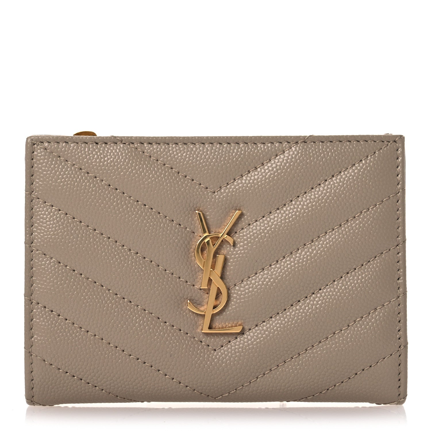 Saint Laurent Grain De Poudre Matelasse Chevron Cassandre Fragments Zipperred Bi-Fold Wallet Dark Beige 1 of 11