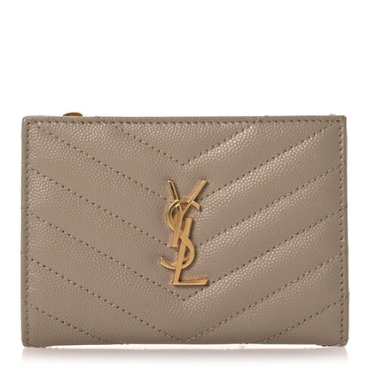 Saint Laurent Grain De Poudre Matelasse Chevron Cassandre Fragments Zipperred Bi-Fold Wallet Dark Beige 1 of 11