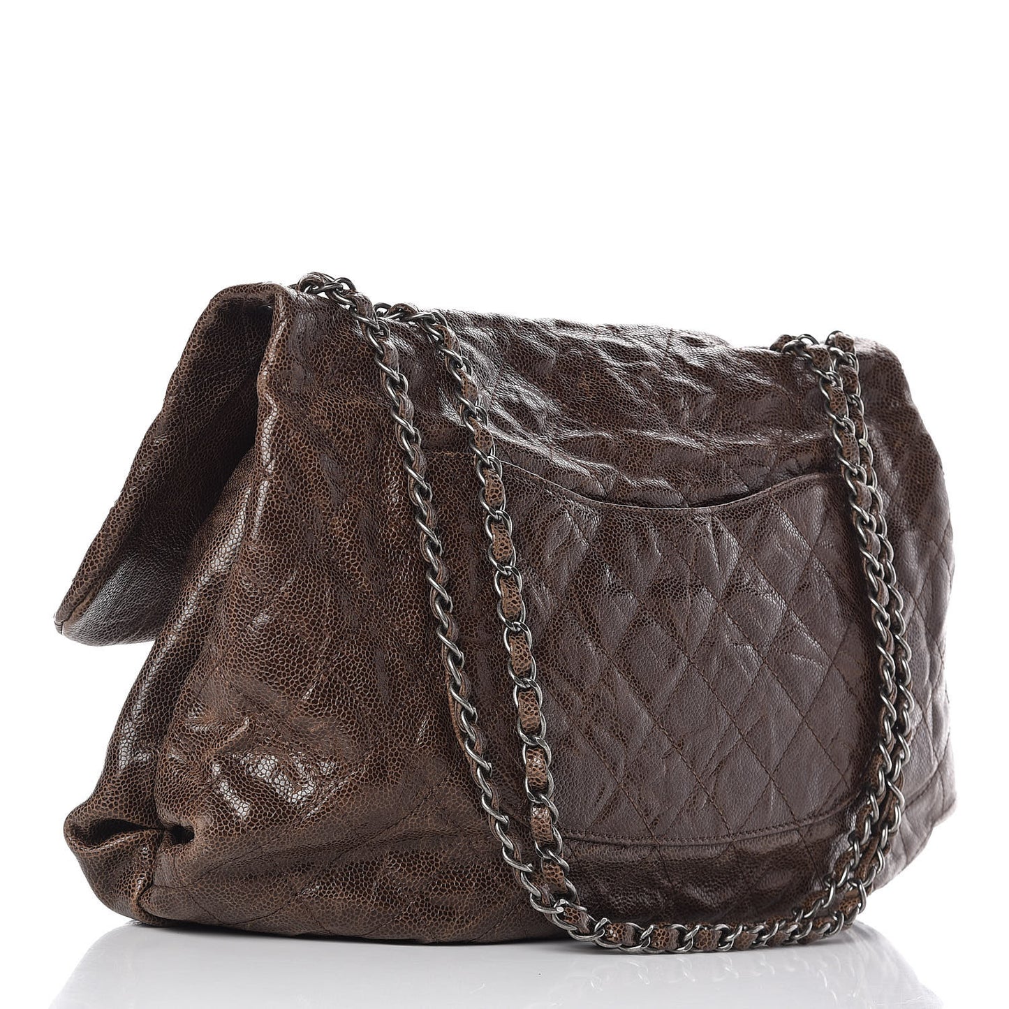 Grained Calfskin Quilted Maxi Elastic Flap Brown