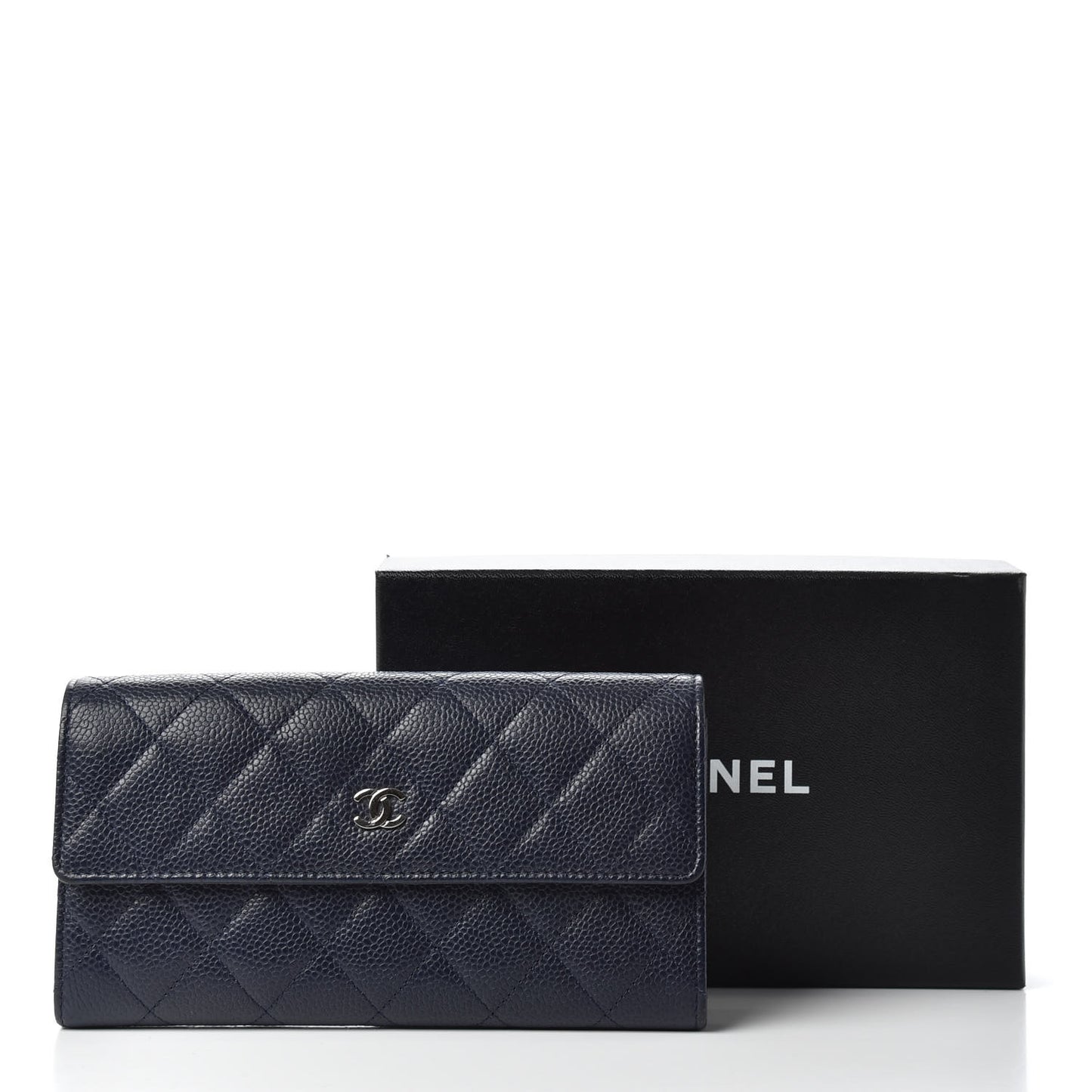 Caviar Quilted Large Gusset Flap Wallet Navy