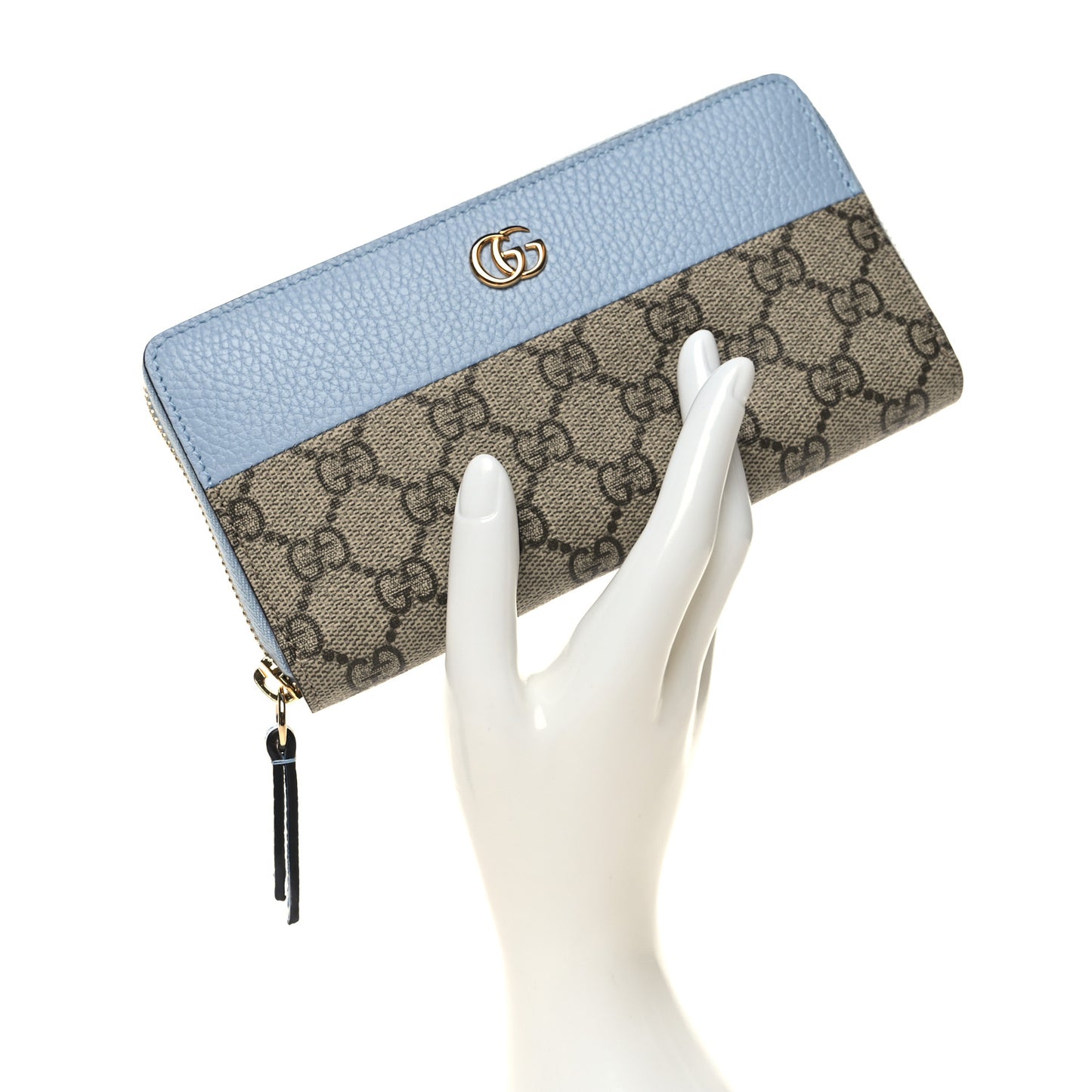 Dollar Calfskin GG Supreme Monogram GG Marmont Zip Around Wallet Mineral Blue Beige Ebony