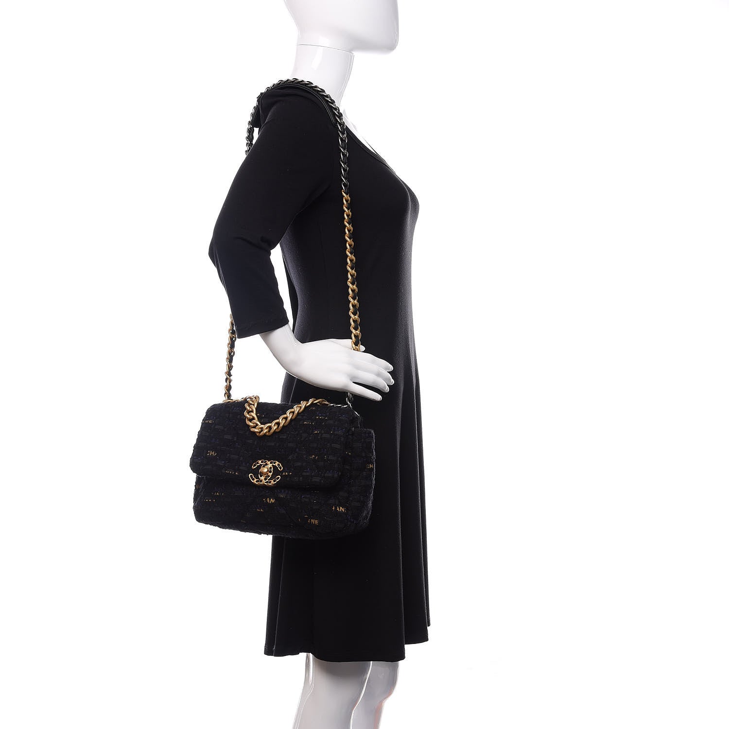 Chanel Tweed Quilted Medium 19 Flap Black Navy Gold 2 of 10