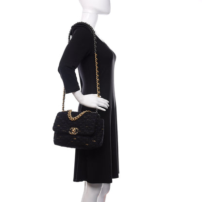 Chanel Tweed Quilted Medium 19 Flap Black Navy Gold 2 of 10