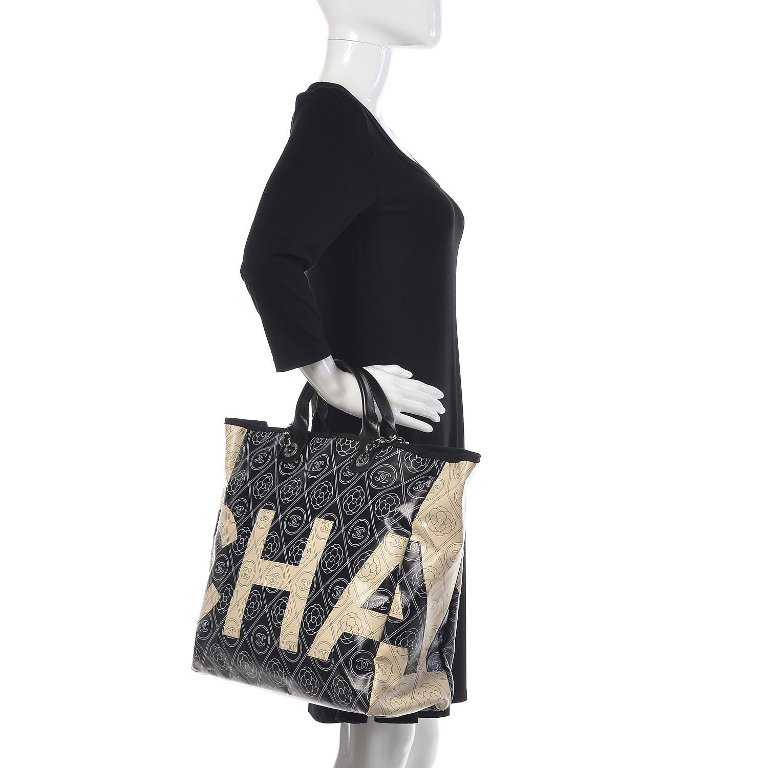 Chanel Coated Canvas Camellia Medium Shopping Tote Black Beige 2 of 10