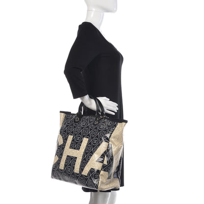 Chanel Coated Canvas Camellia Medium Shopping Tote Black Beige 2 of 10