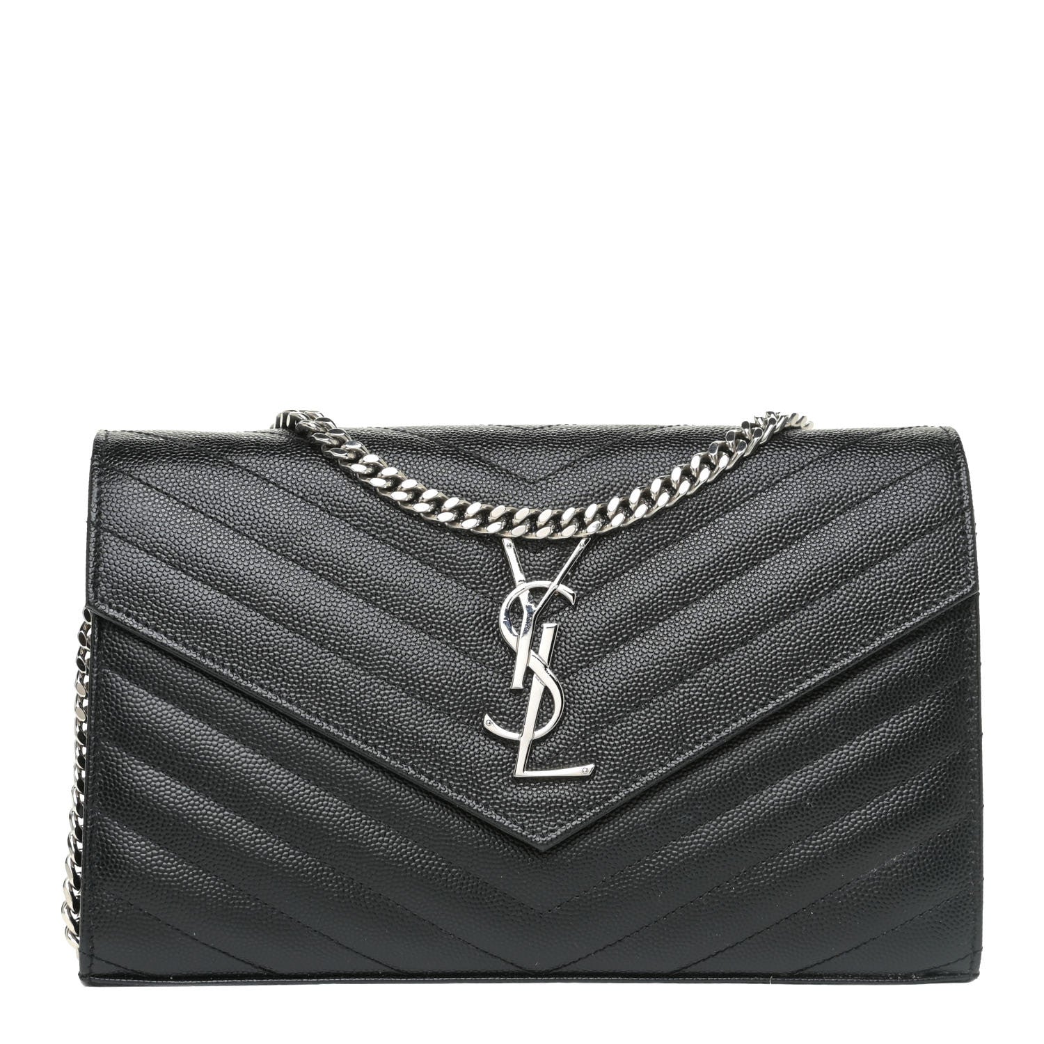 Saint Laurent Grain De Poudre Matelasse Chevron Monogram Chain Wallet Black 1 of 17