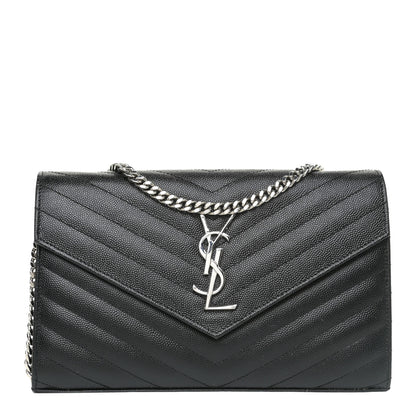 Saint Laurent Grain De Poudre Matelasse Chevron Monogram Chain Wallet Black 1 of 17