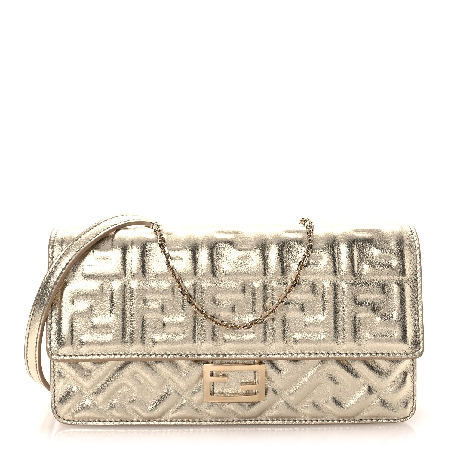 Fendi Metallic Nappa Matisse FF Embossed Wallet On Chain Platino 1 of 13