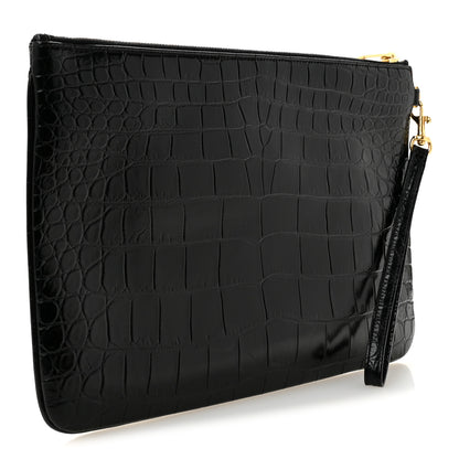 Saint Laurent Calfskin Crocodile Embossed Tablet Pouch Black 3 of 9