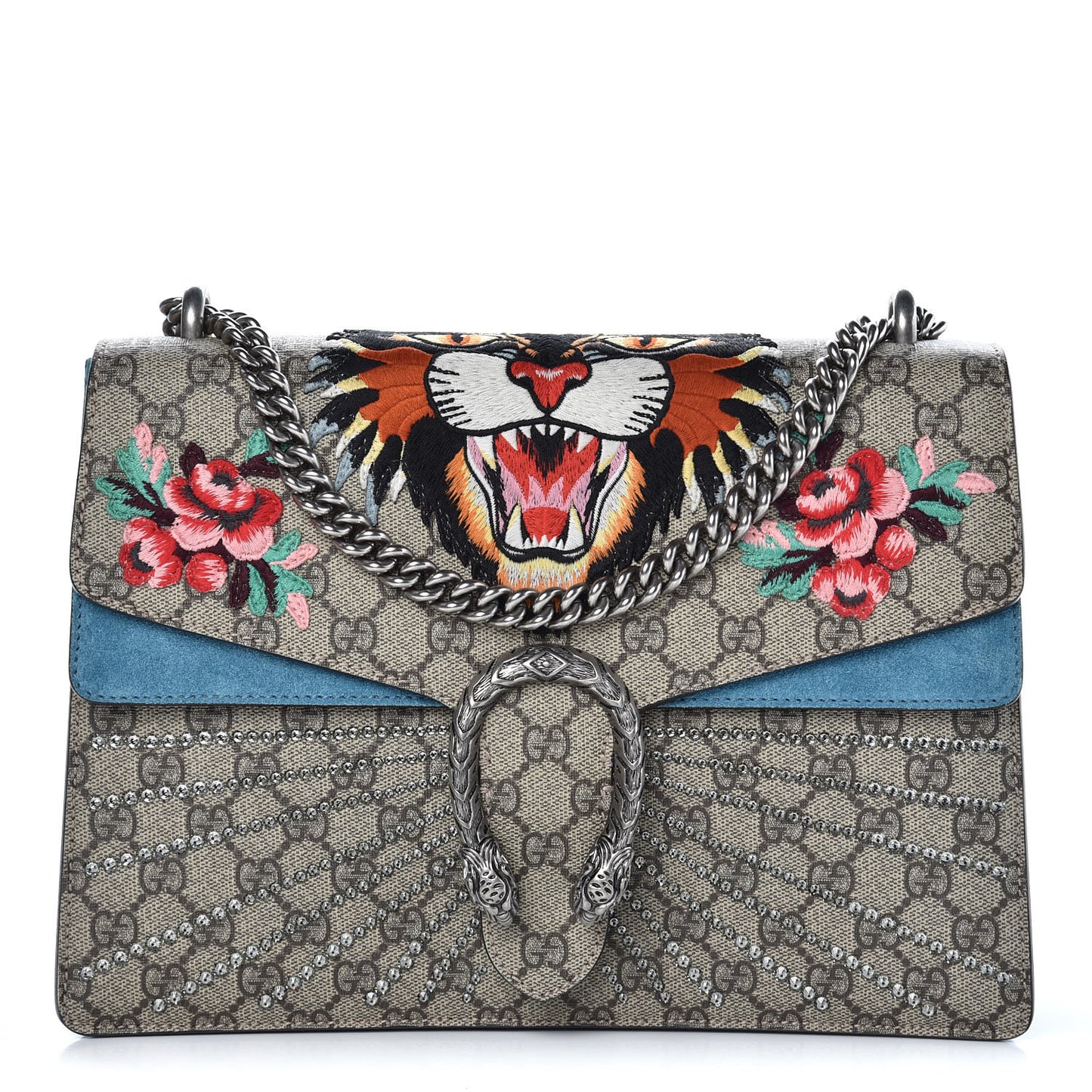 GG Supreme Monogram Angry Cat Embroidered Medium Dionysus Shoulder Bag Beige Ultramarine