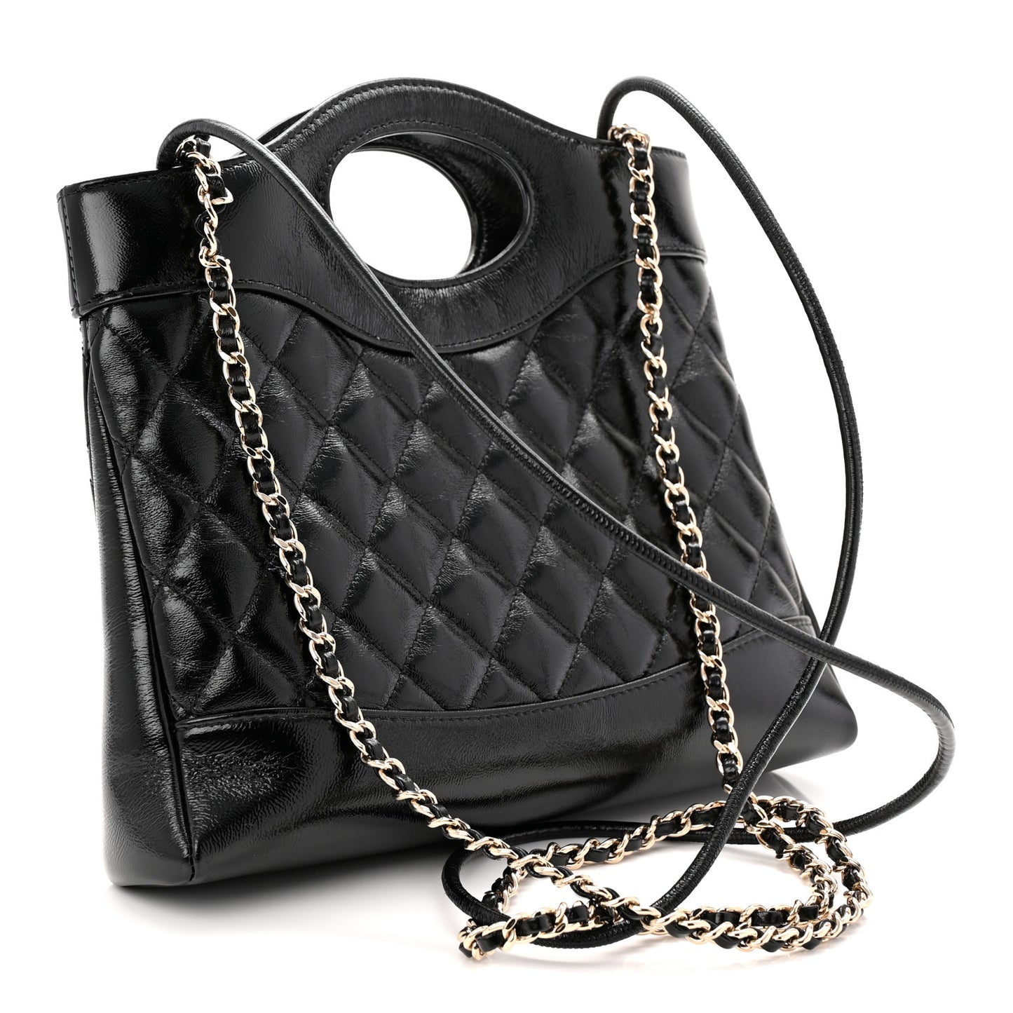 Shiny Crumpled Calfskin Quilted Mini 31 Shopping Bag Black