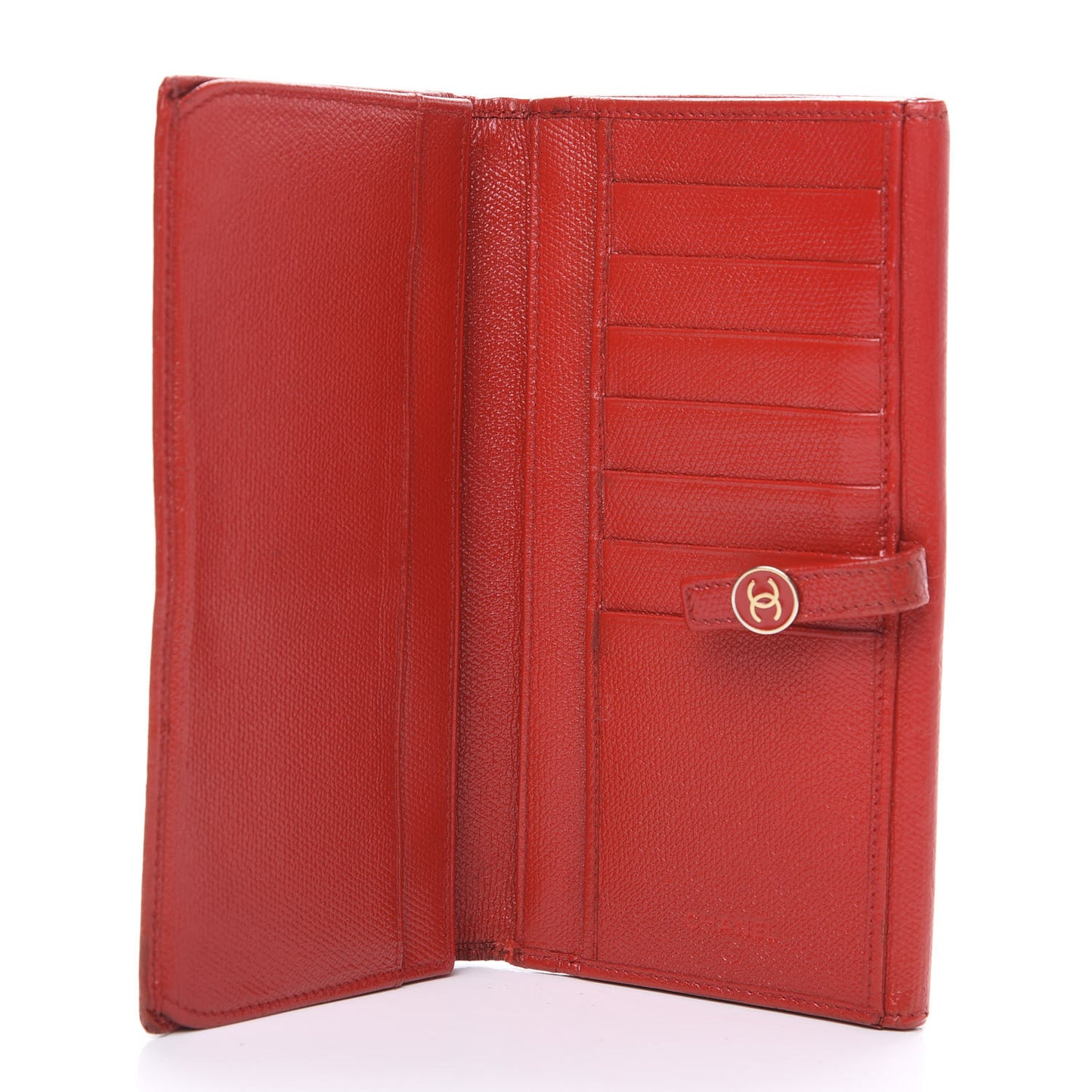 Grained Calfskin CC Button Long Wallet Red