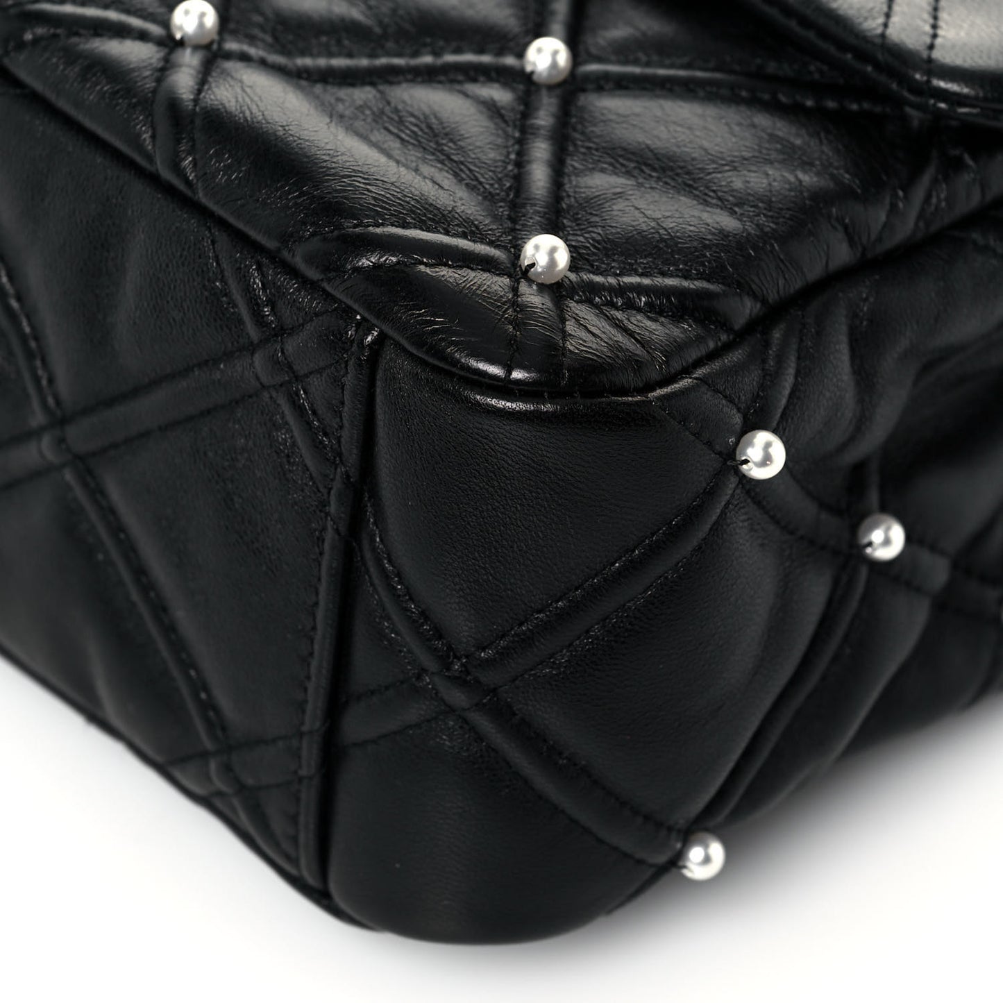 Lambskin Quilted Pearl Studded Flap Black