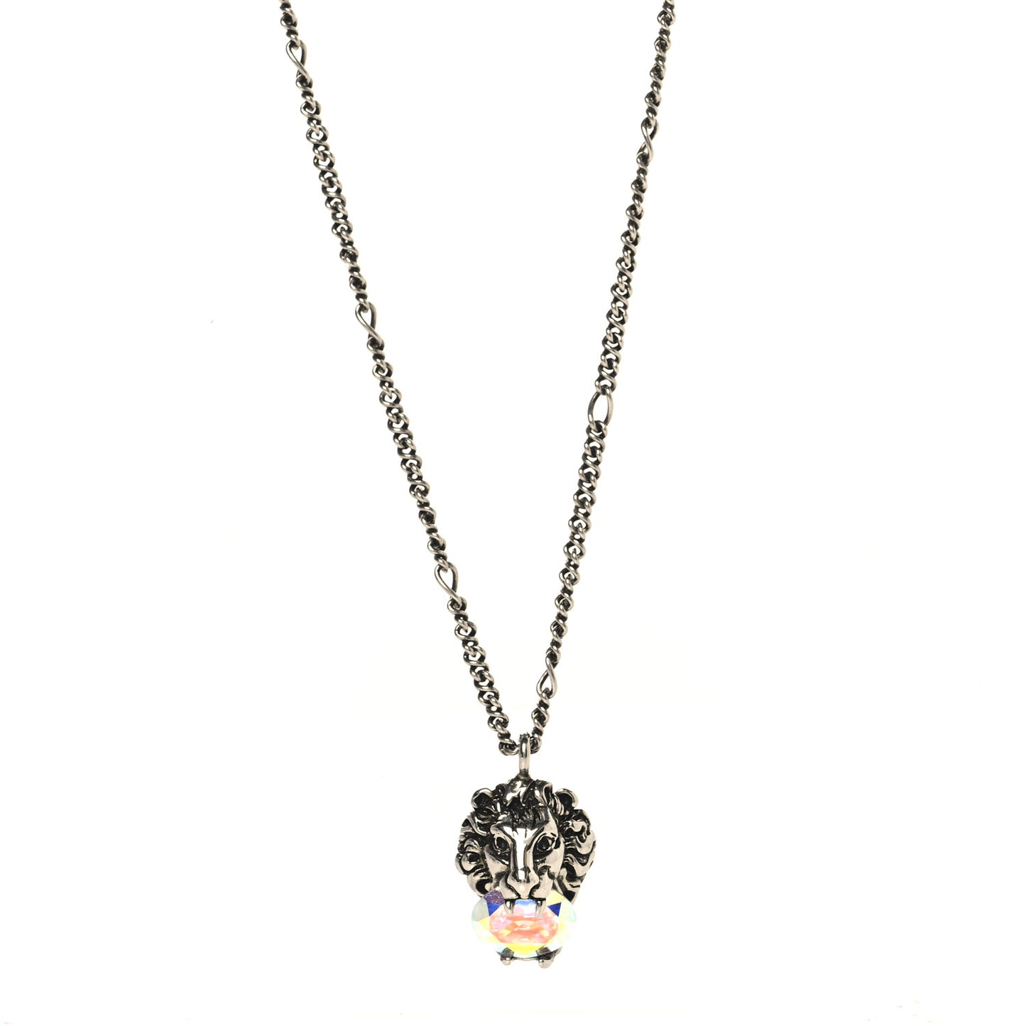 Metal Swarovski Crystal Lion Head Necklace Silver Iridescent