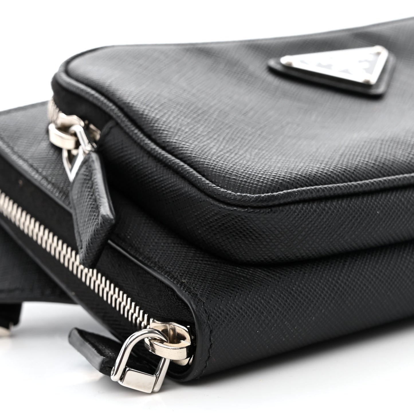 Saffiano Travel Double Zip Crossbody Belt Bag Black