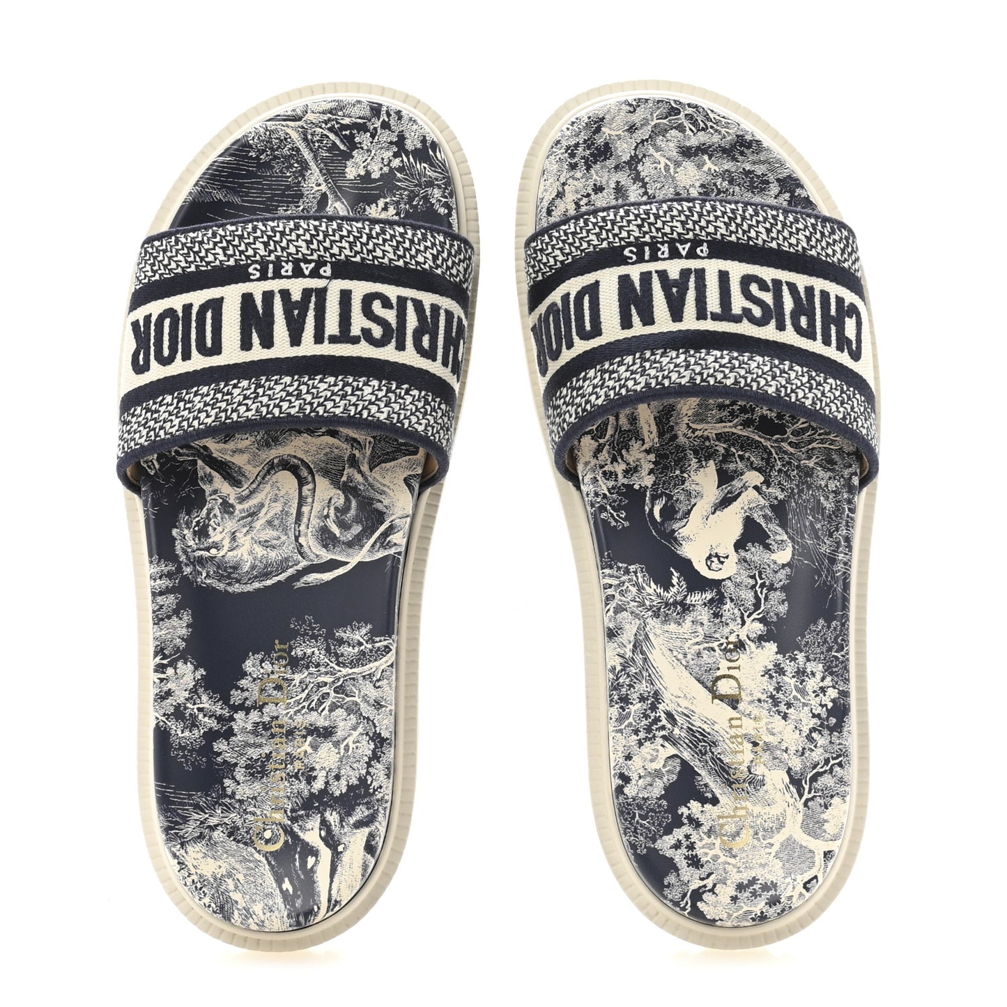 Canvas Toile de Jouy Embroidered Dway 10mm Slide Sandals 38.5 Deep Blue