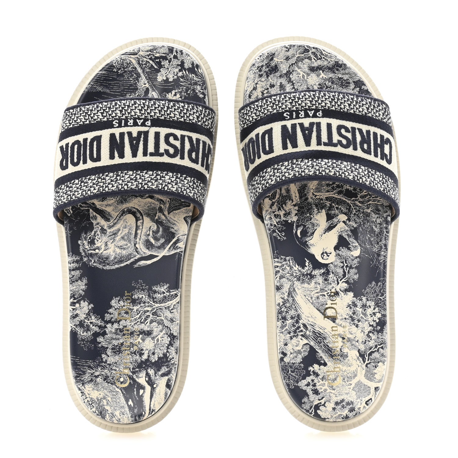 Christian Dior Canvas Toile de Jouy Embroidered Dway 10mm Slide Sandals 38.5 Deep Blue 2 of 9