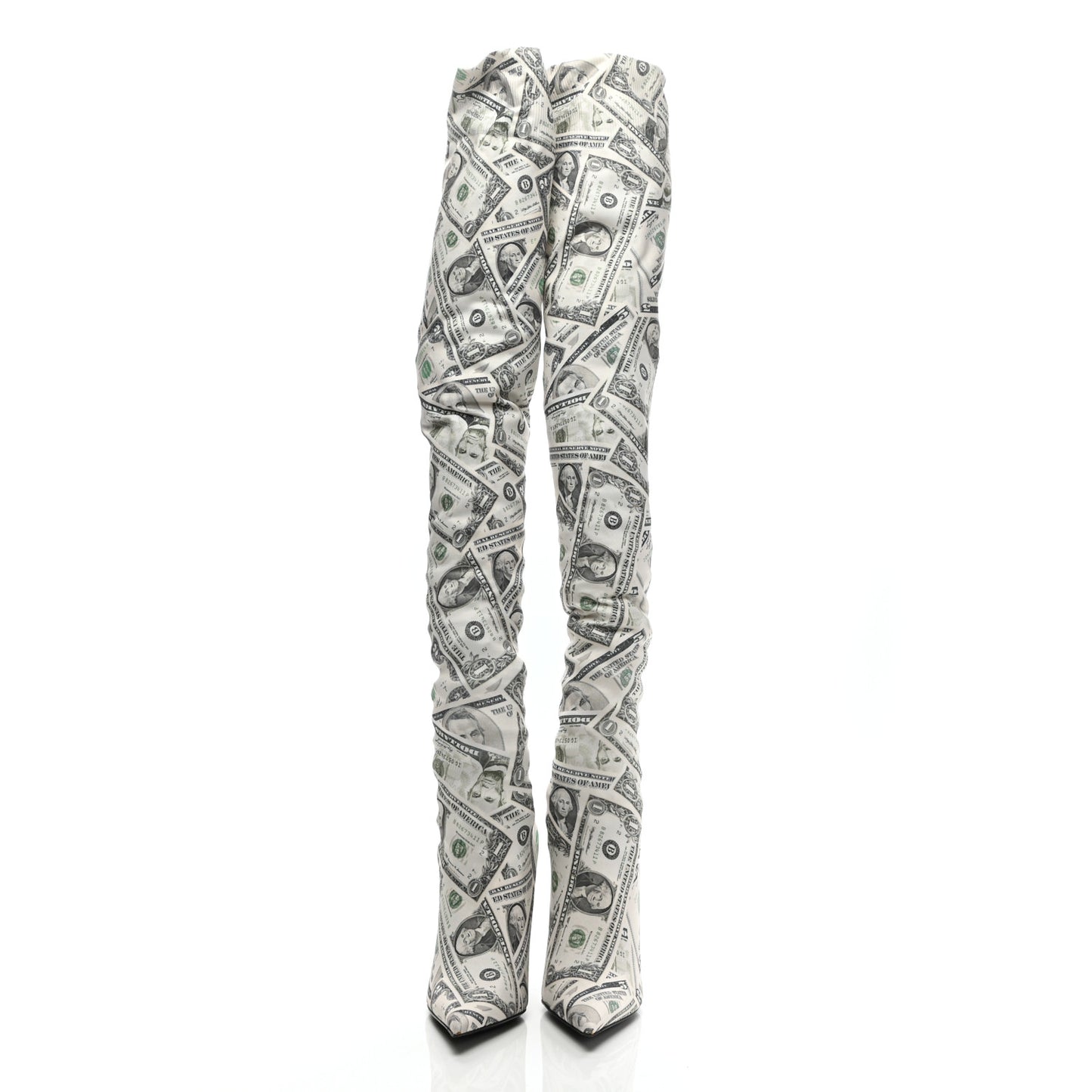 Spandex Dollars Print Pointed Toe Knife Thigh High Boots 38.5 Green