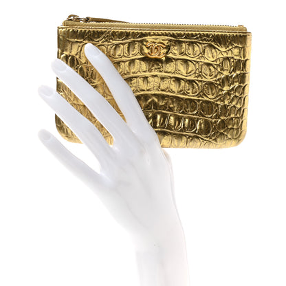 Chanel Metallic Calfskin Crocodile Embossed Cocodile Small Cosmetic Case Gold 2 of 7