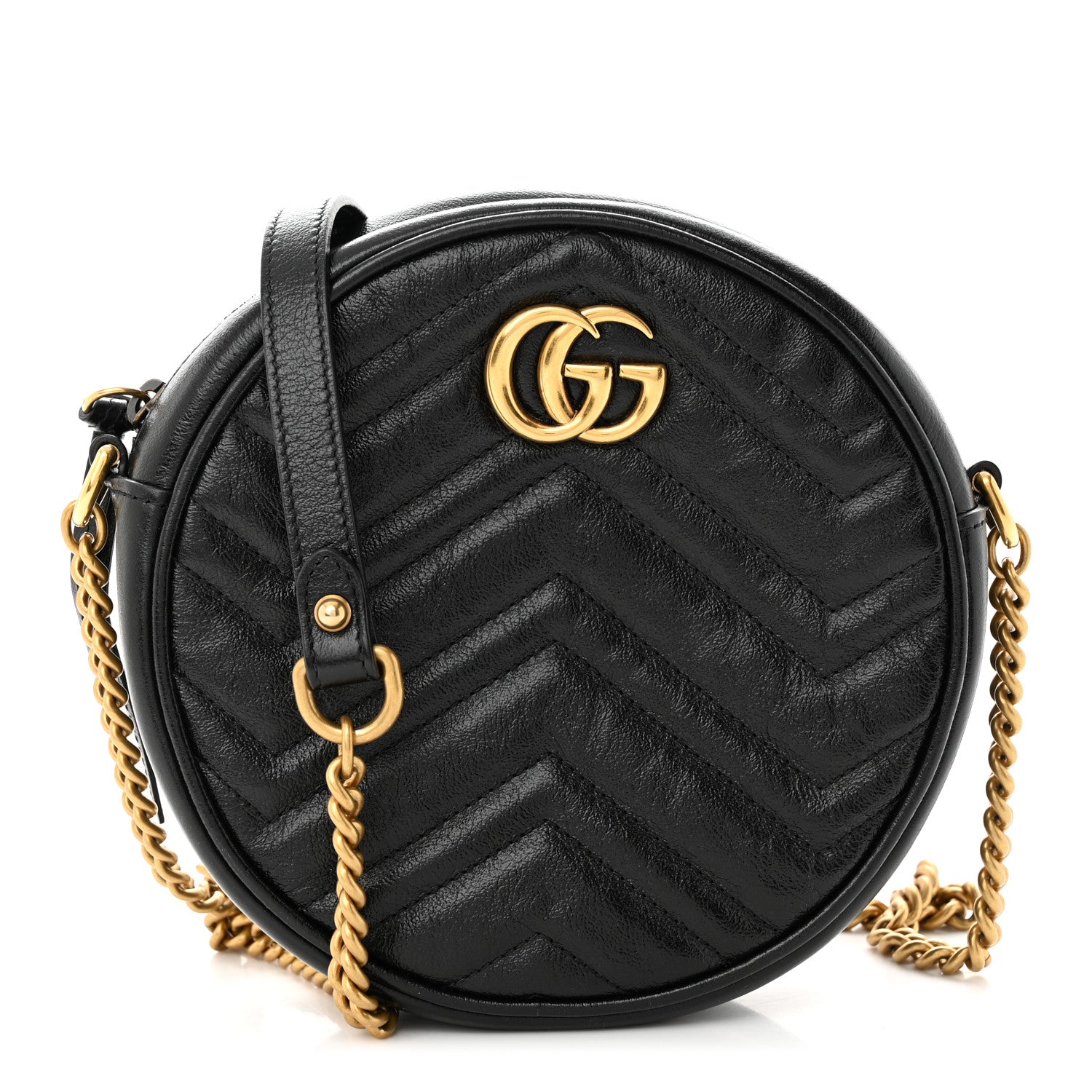 Gucci Azalea Calfskin Matelasse Heart Mini GG Marmont Round Shoulder Bag Black 1 of 11