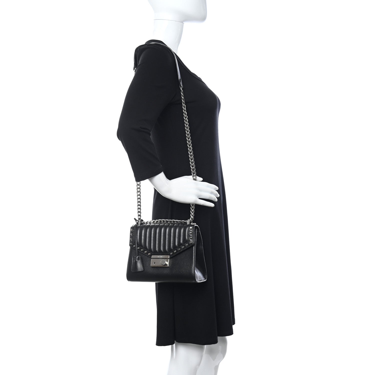 Prada Glace Calfskin Studded Sound Flap Crossbody Shoulder Bag Black 2 of 10