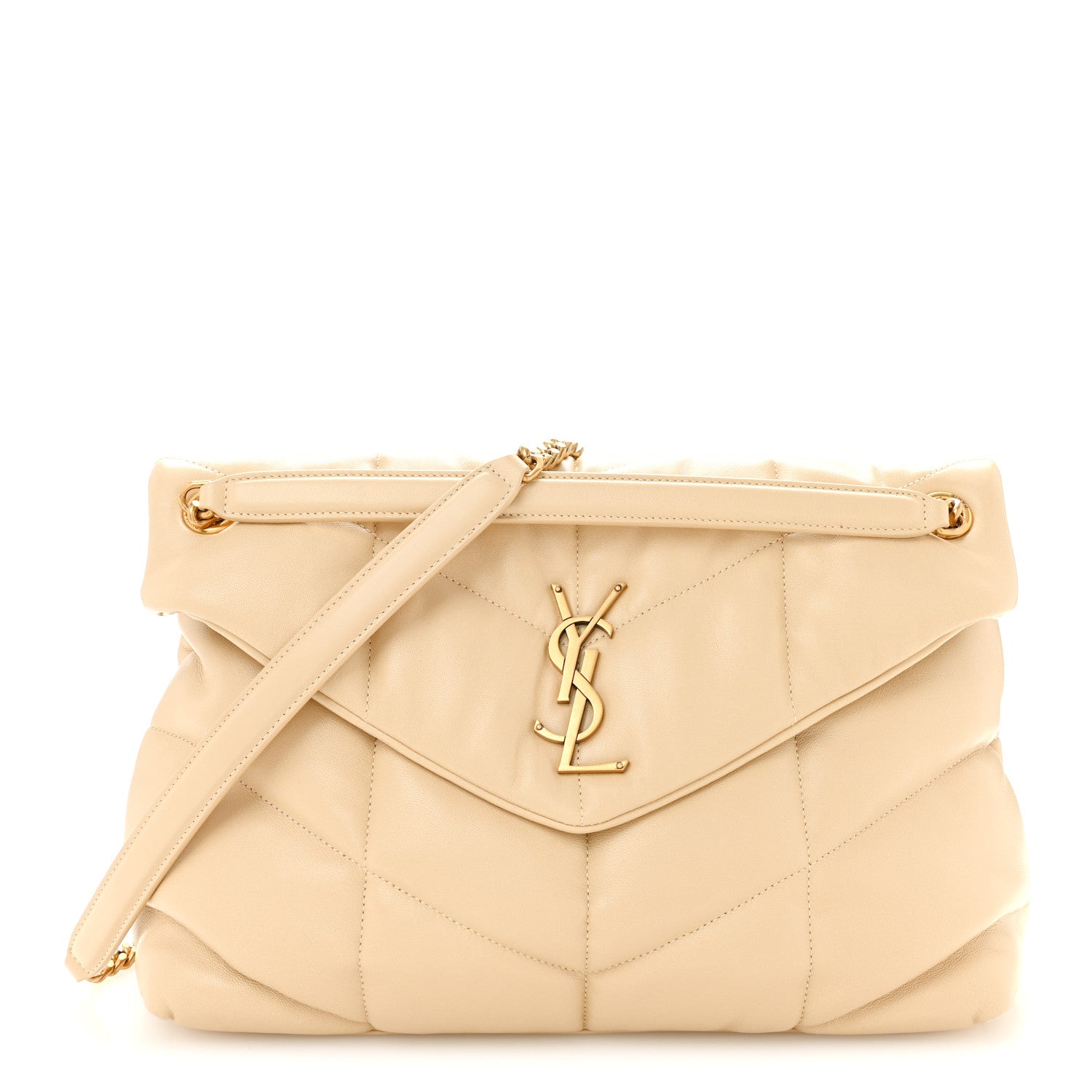 Saint Laurent Lambskin Quilted Medium Loulou Puffer Monogram Chain Satchel Dark Beige 1 of 10