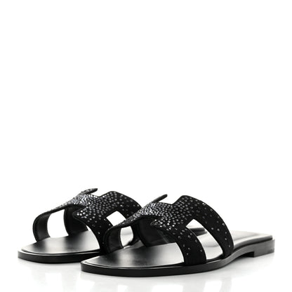 Hermes Suede Crystal Embellished Oran Sandals 38 Black 3 of 9
