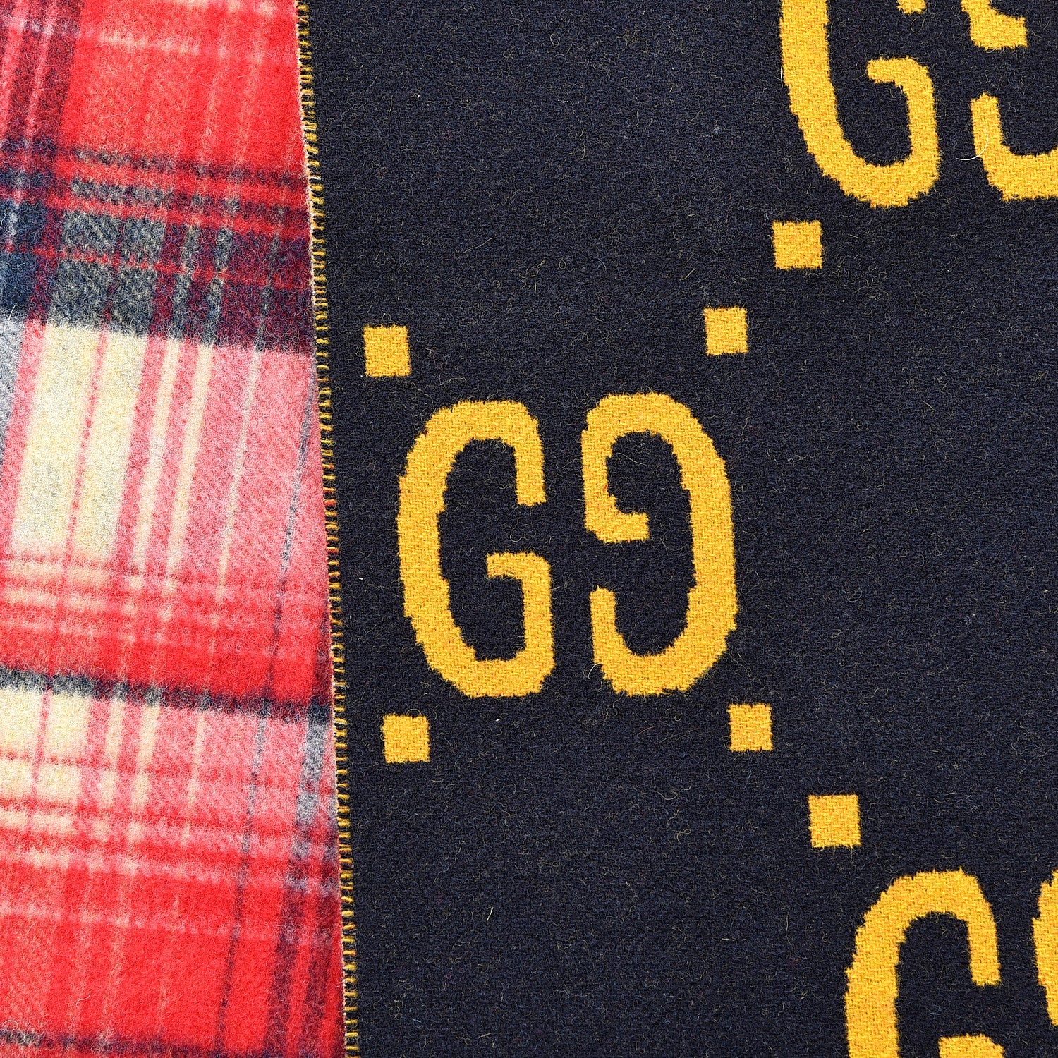 Gucci Wool GG Monogram Plaid Tartan Free Scarf Navy Red 3 of 4