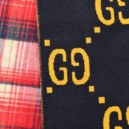 Gucci Wool GG Monogram Plaid Tartan Free Scarf Navy Red 3 of 4