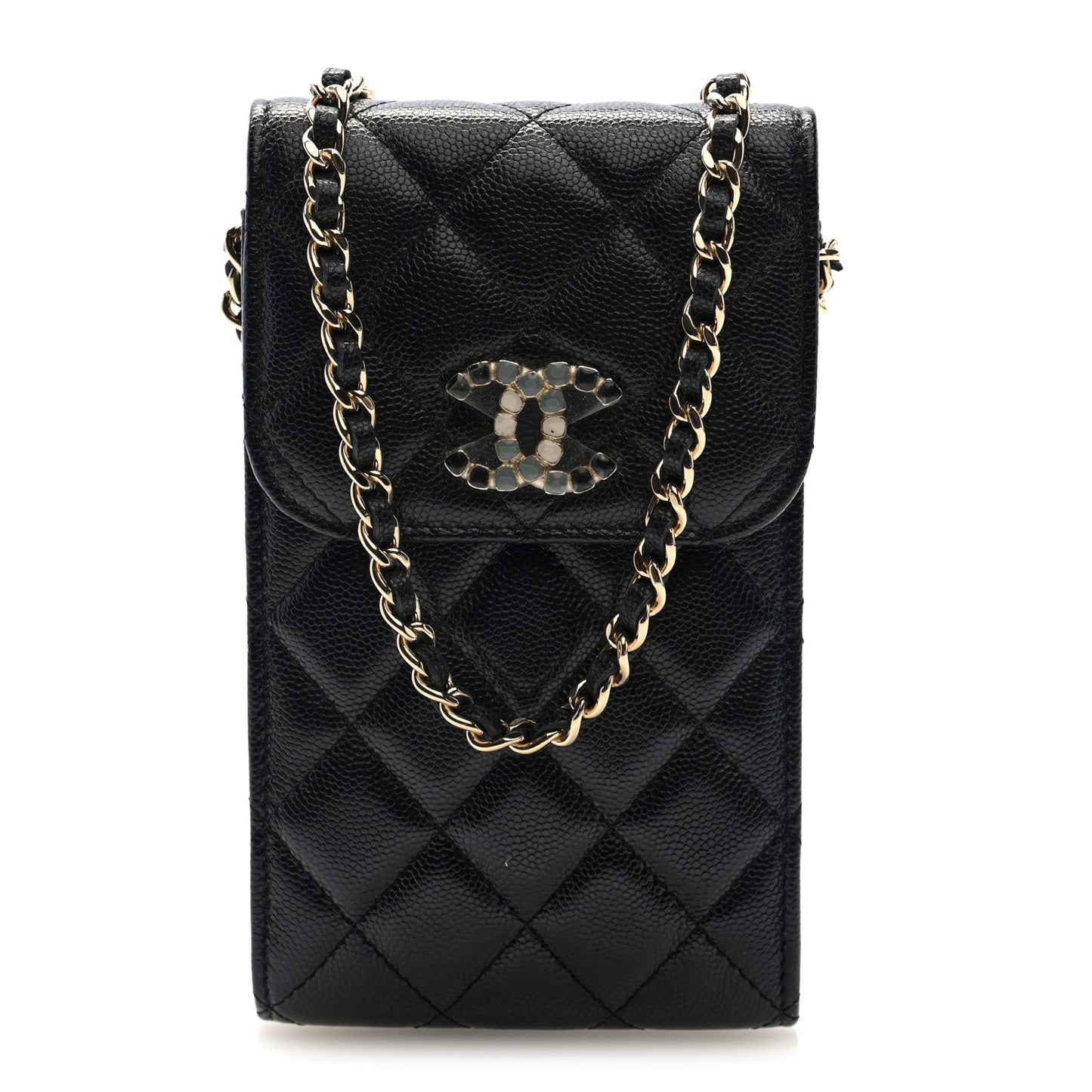 Caviar Quilted Crystal CC Airpods Pro and Phone Case With Chain Black