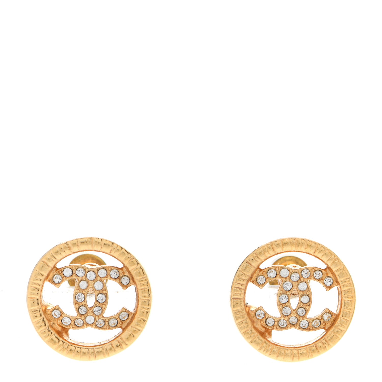Chanel Metal Crystal Textured CC Round Earrings Gold 1 of 5