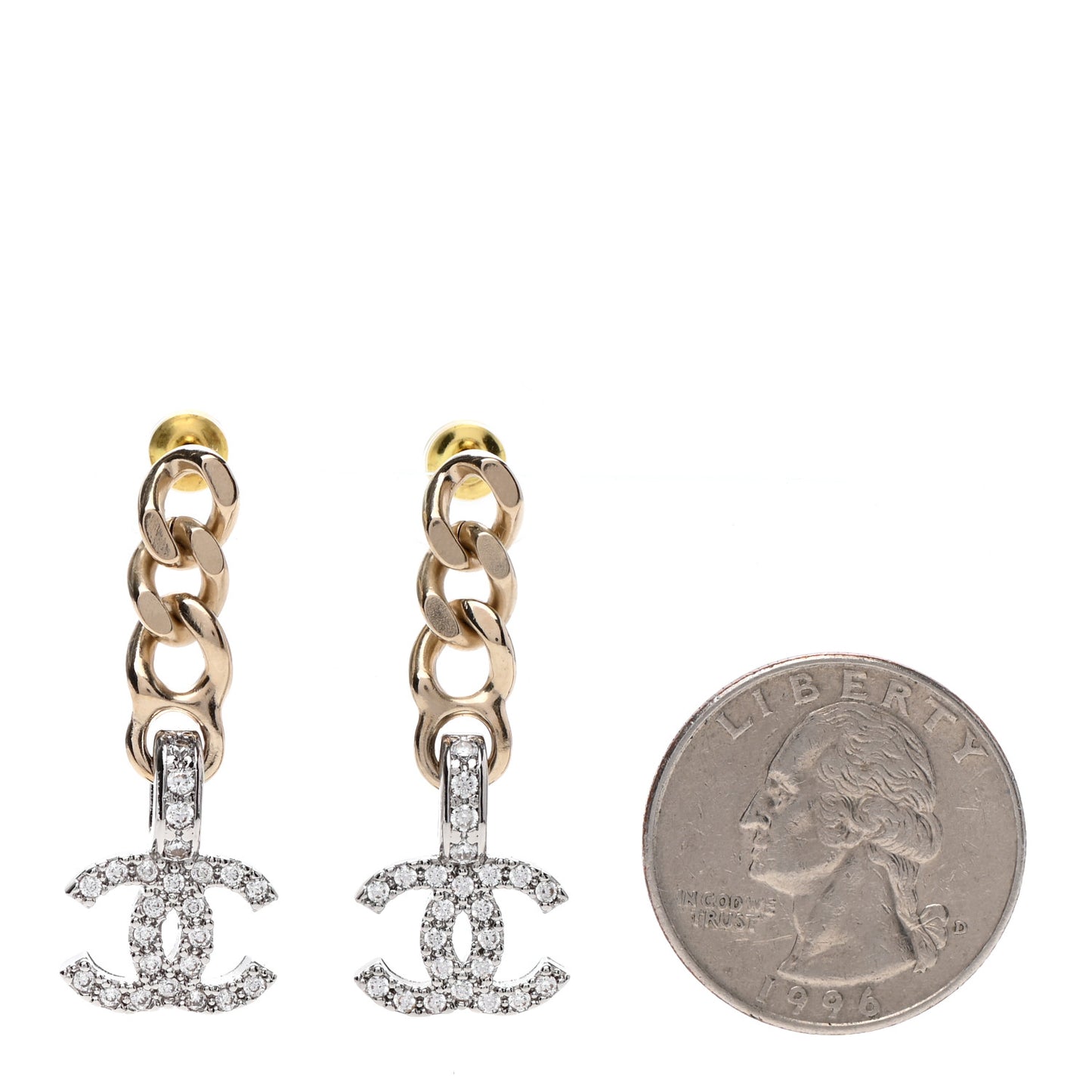 Metal Crystal CC Chain Drop Earrings Gold