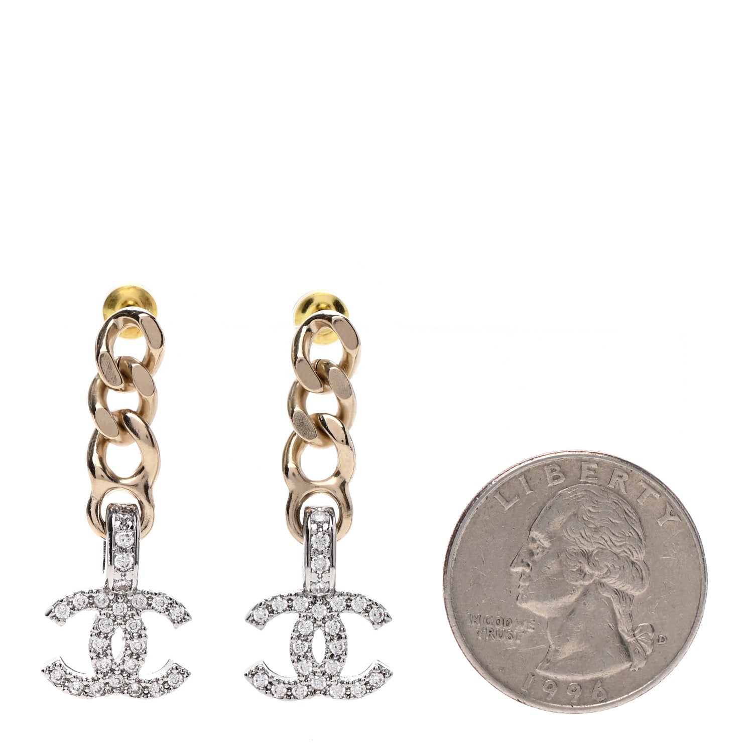 Chanel Metal Crystal CC Chain Drop Earrings Gold 2 of 4