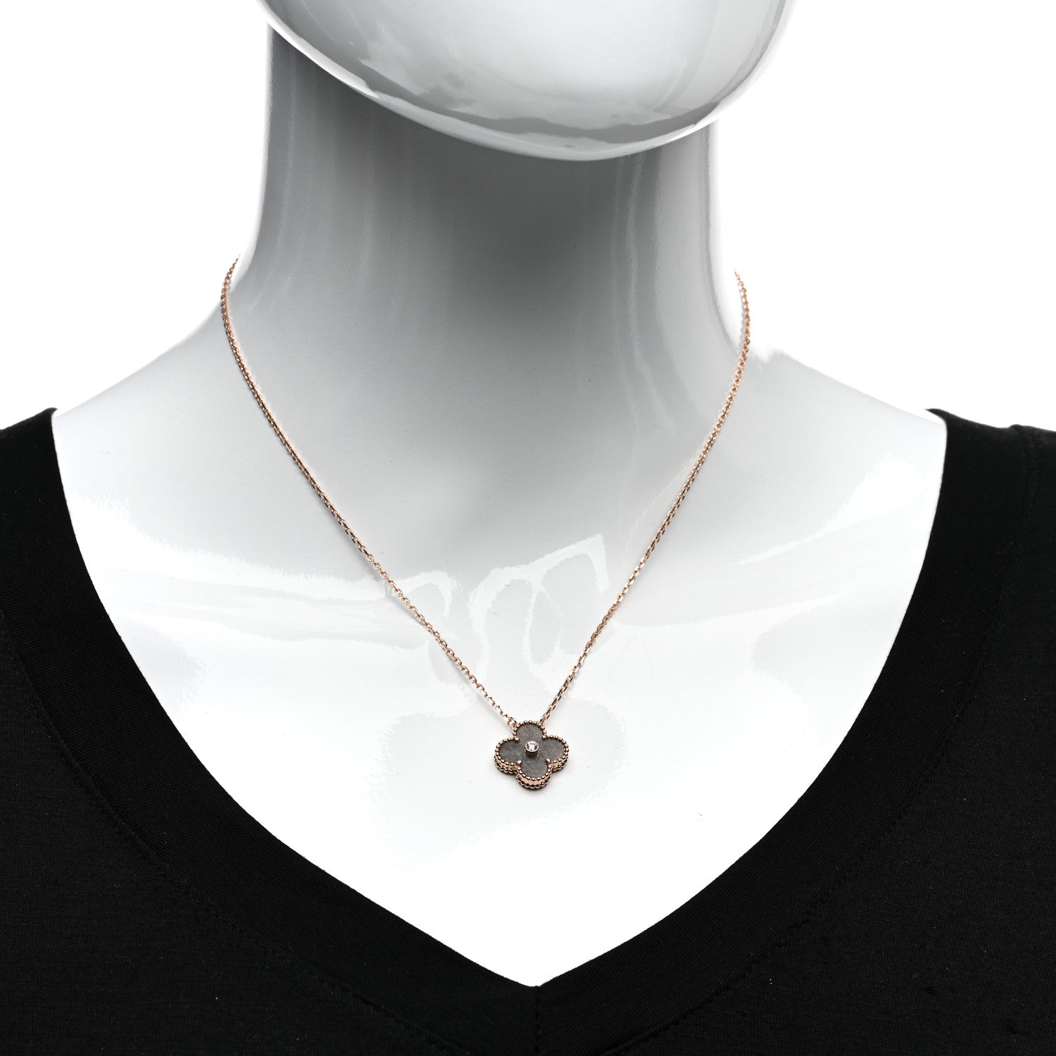 Van Cleef & Arpels 18K Rose Gold Diamond Silver Obsidian Vintage Alhambra Pendant Necklace 2 of 5