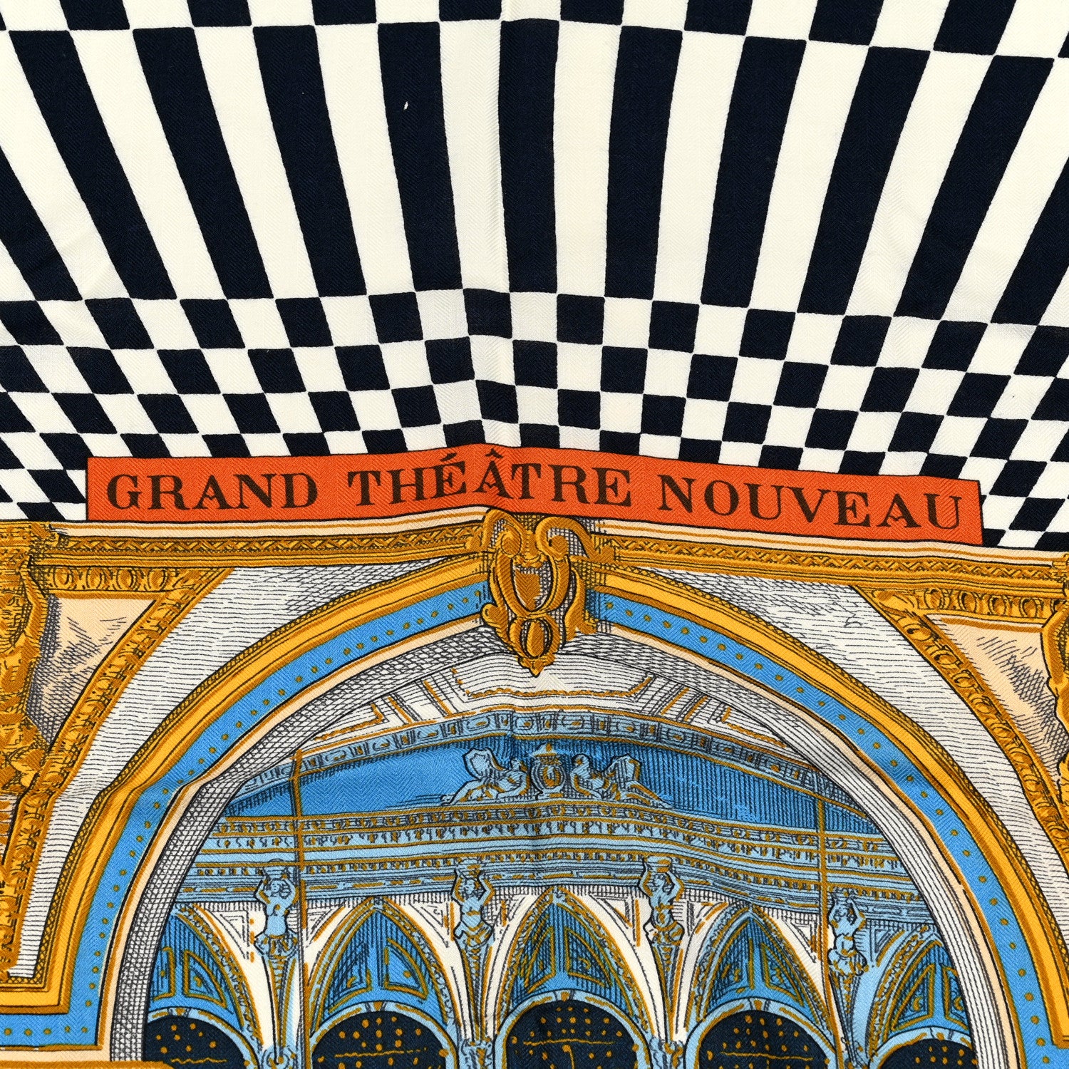 Hermes Cashmere Silk Grand Theatre Nouveau Shawl 140 Bleu Gold White 3 of 5