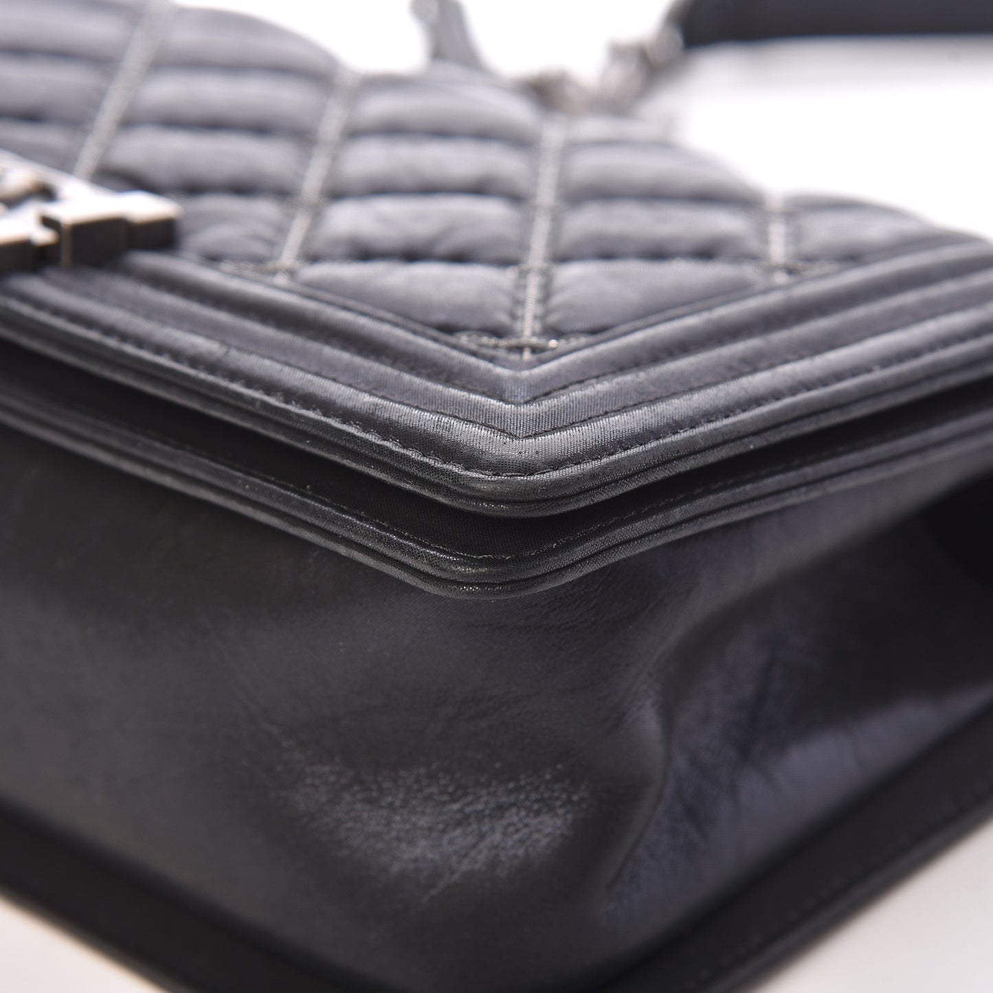 Iridescent Calfskin Embellished Double Stitch Medium Boy Flap Black