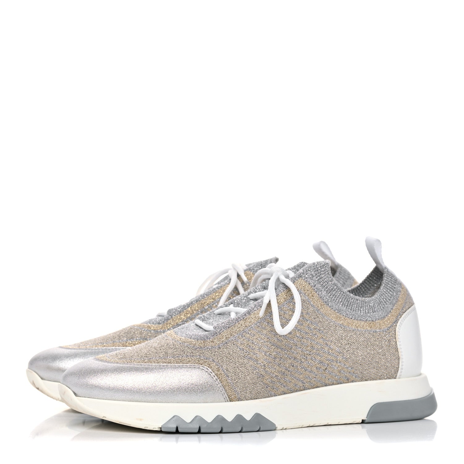 Hermes Metallic Knit Calfskin Suede Goatskin Bi-Color Womens Addict Sneakers 38 Multicolor Gris Argent 3 of 16