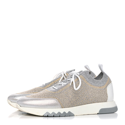 Hermes Metallic Knit Calfskin Suede Goatskin Bi-Color Womens Addict Sneakers 38 Multicolor Gris Argent 3 of 16