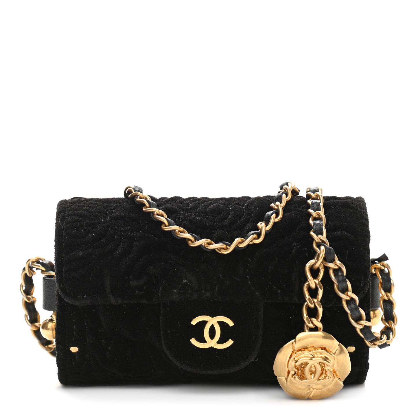 Velvet Camellia Embossed Jewel Belt Card Holder With Chain Black