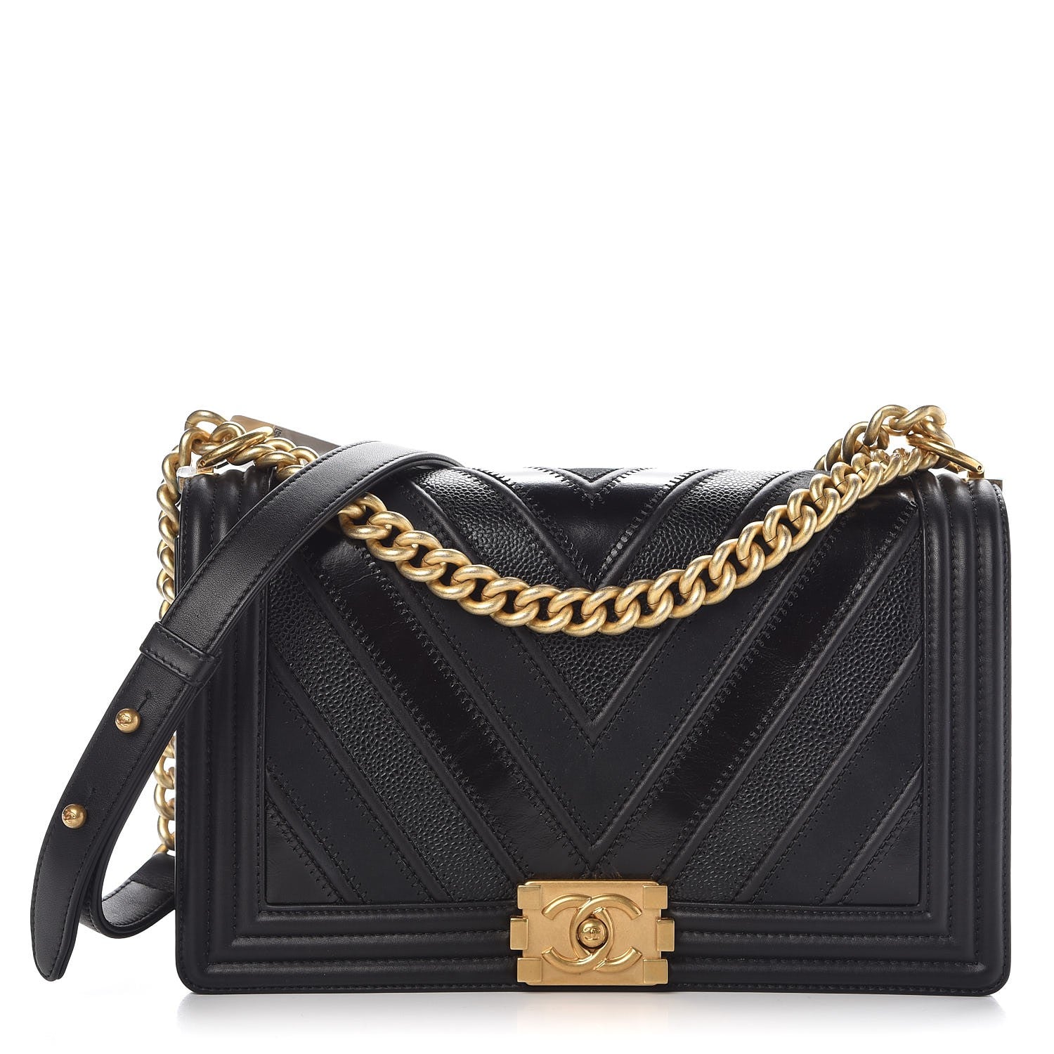 Chanel Calfskin Caviar Suede Chevron New Medium Boy Flap Black 1 of 8