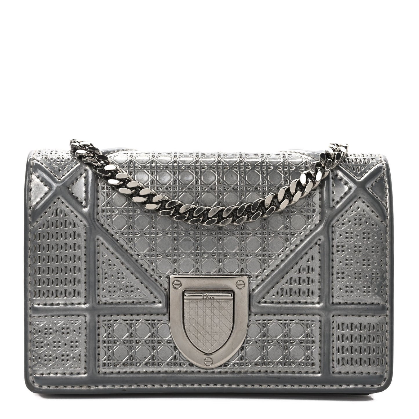 Metallic Patent Micro-Cannage Baby Diorama Flap Bag Silver
