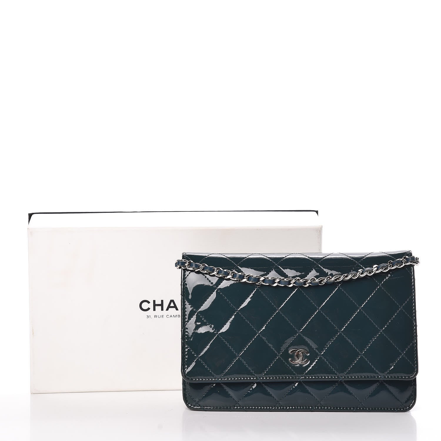 Chanel Patent Quilted Wallet On Chain WOC Blue 11 of 11