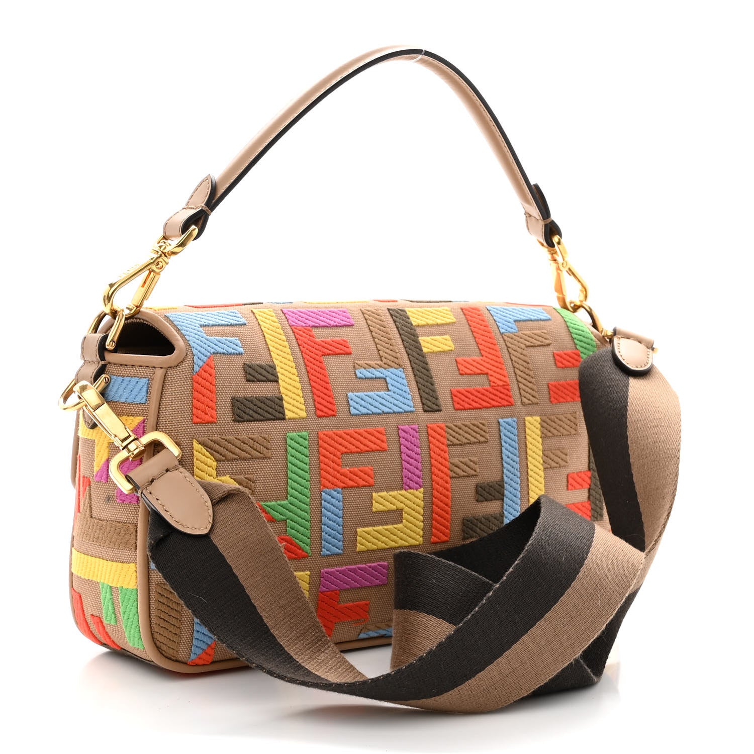Fendi Canvas Vitello King FF Multicolor Embroidered Baguette Multicolor Cuoio 3 of 9