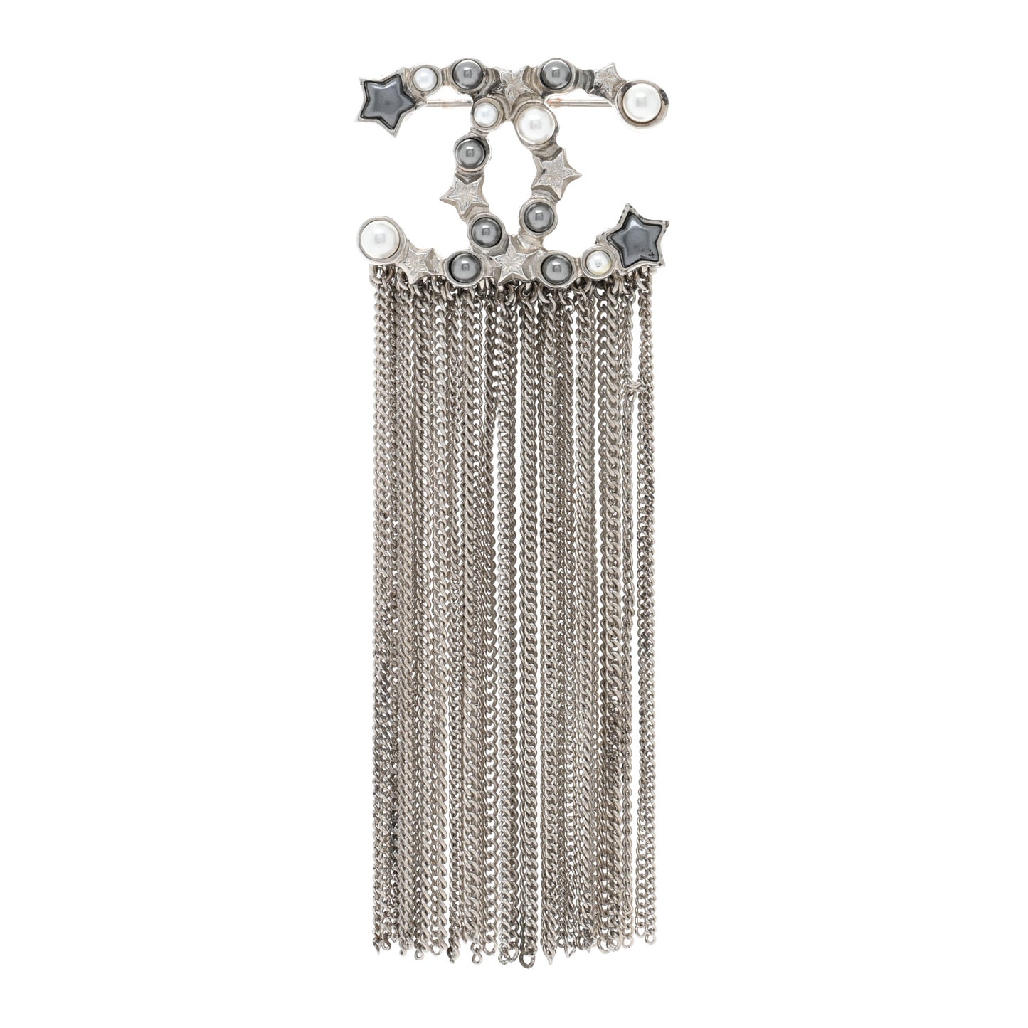 Crystal Pearl Star CC Multi Strand Chain Logo Brooch Silver White Black
