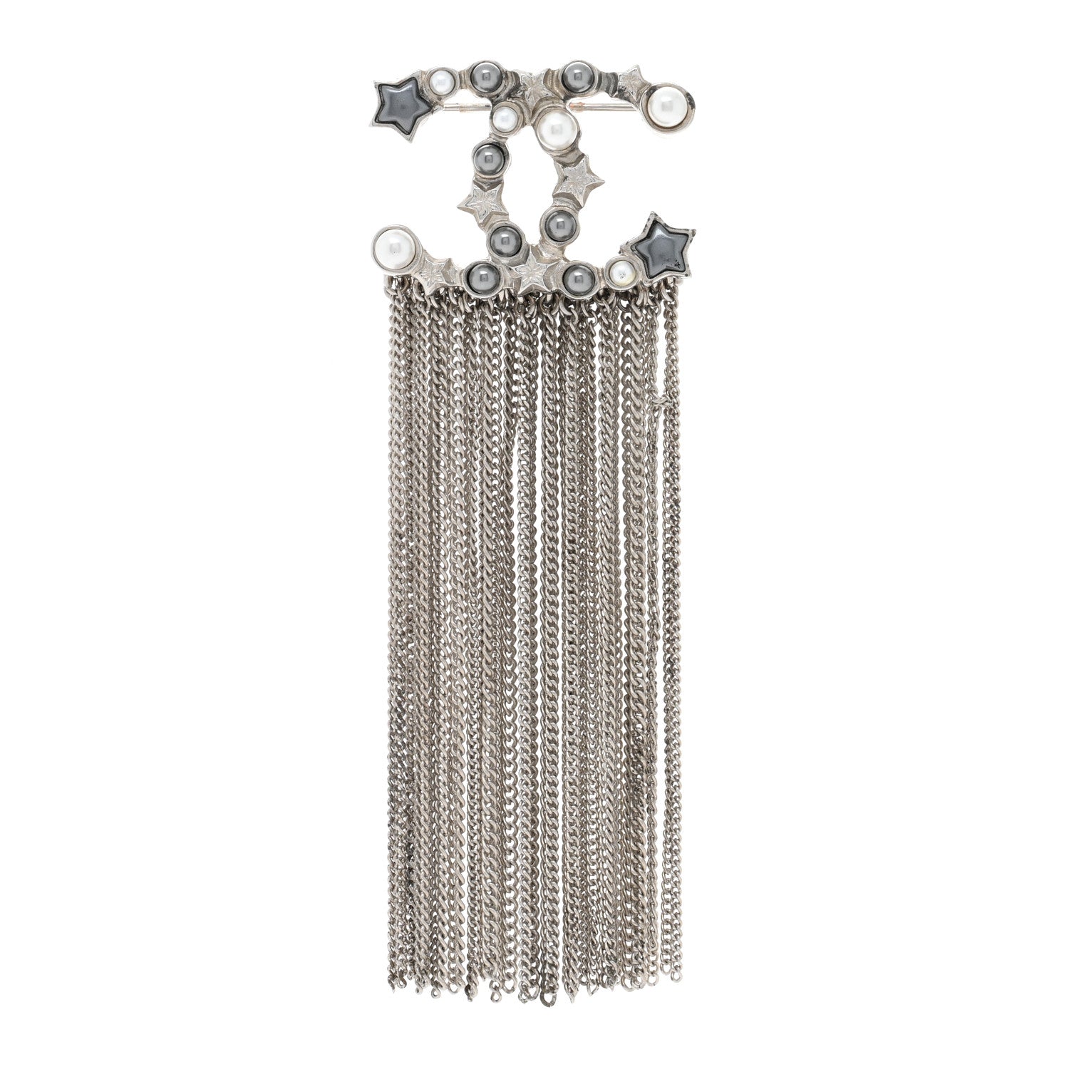 Chanel Crystal Pearl Star CC Multi Strand Chain Logo Brooch Silver White Black 1 of 3