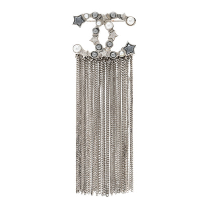 Chanel Crystal Pearl Star CC Multi Strand Chain Logo Brooch Silver White Black 1 of 3