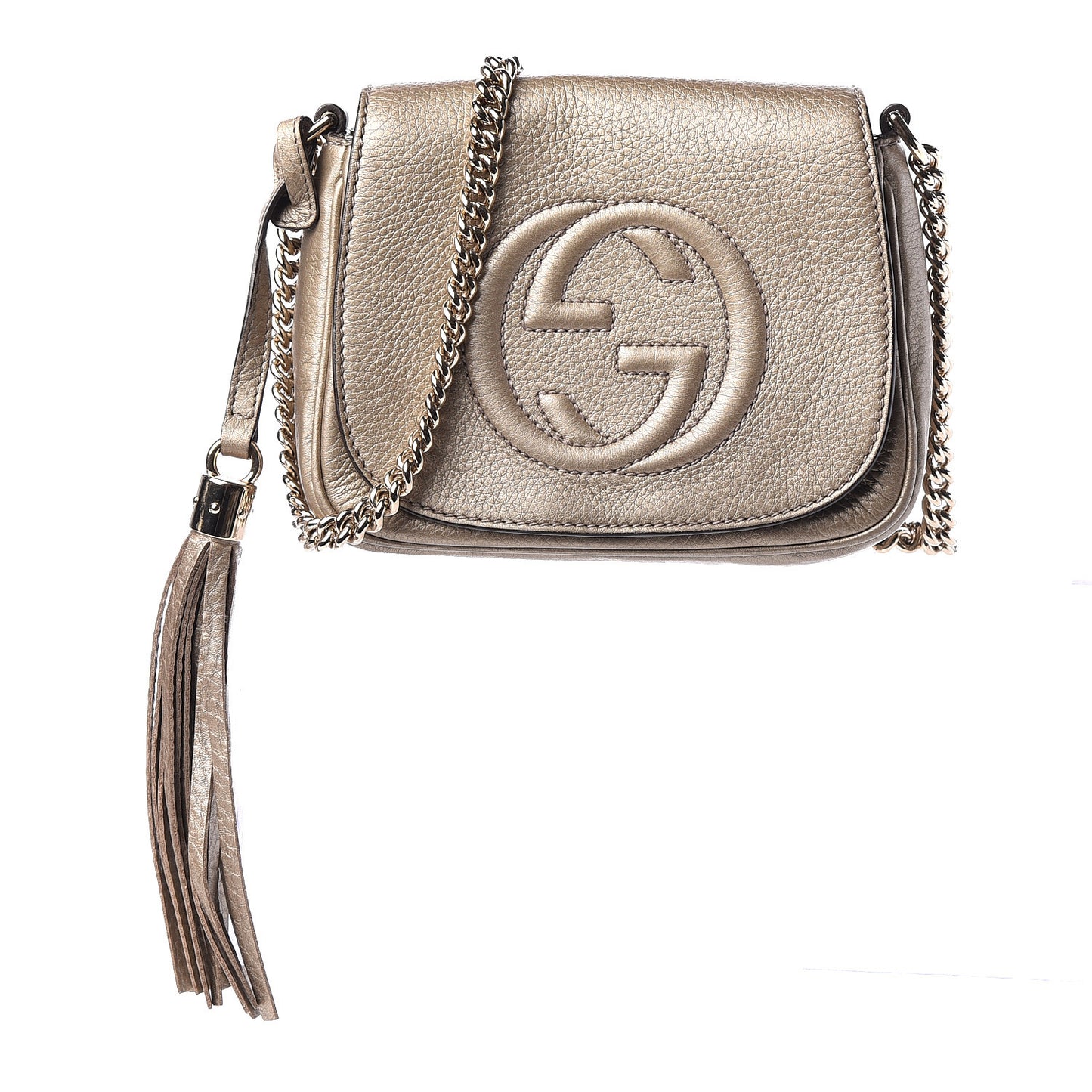 Metallic Pebbled Calfskin Small Soho Flap Crossbody Golden Beige