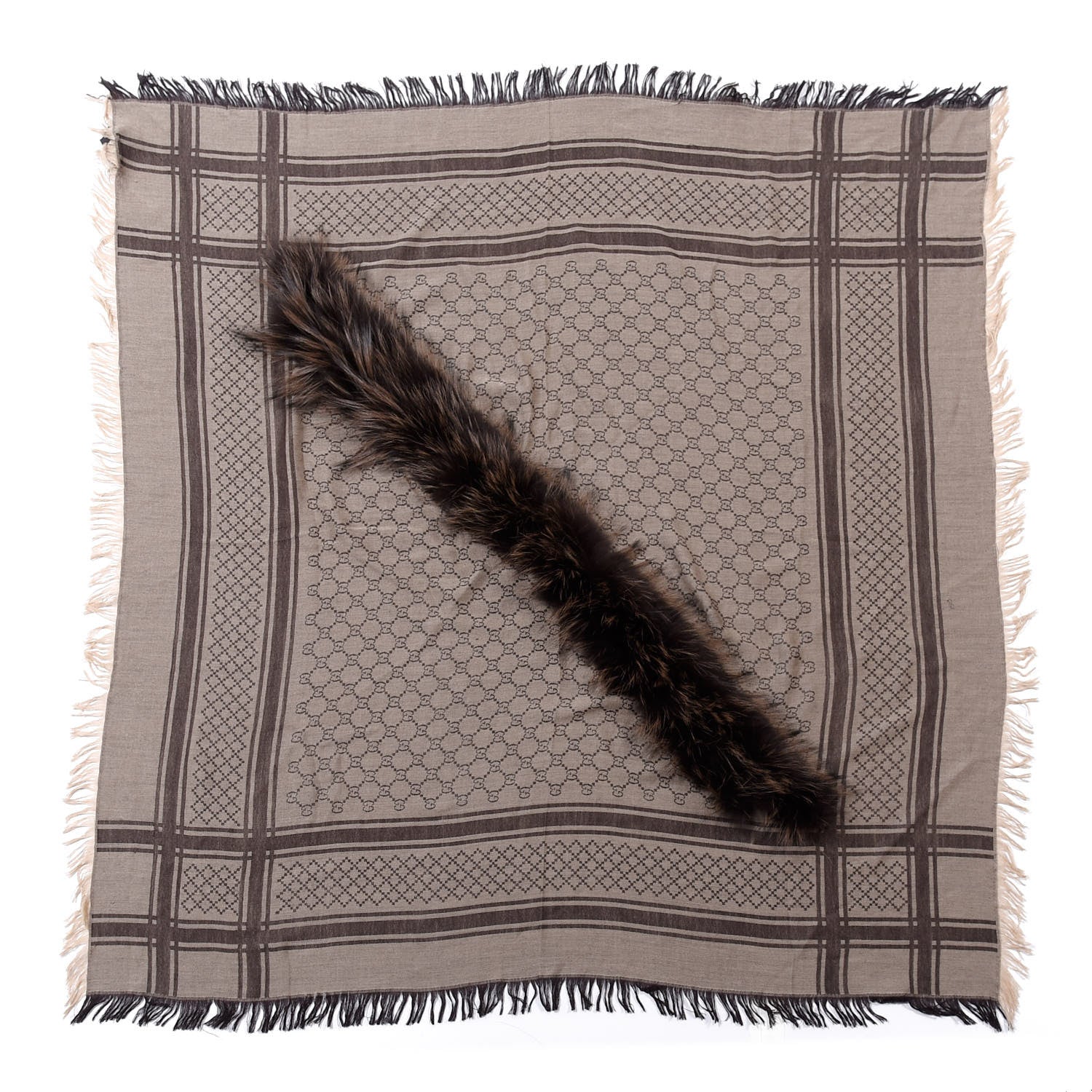 Gucci Wool Silk Fox Fur Monogram Shawl Scarf Brown 2 of 6