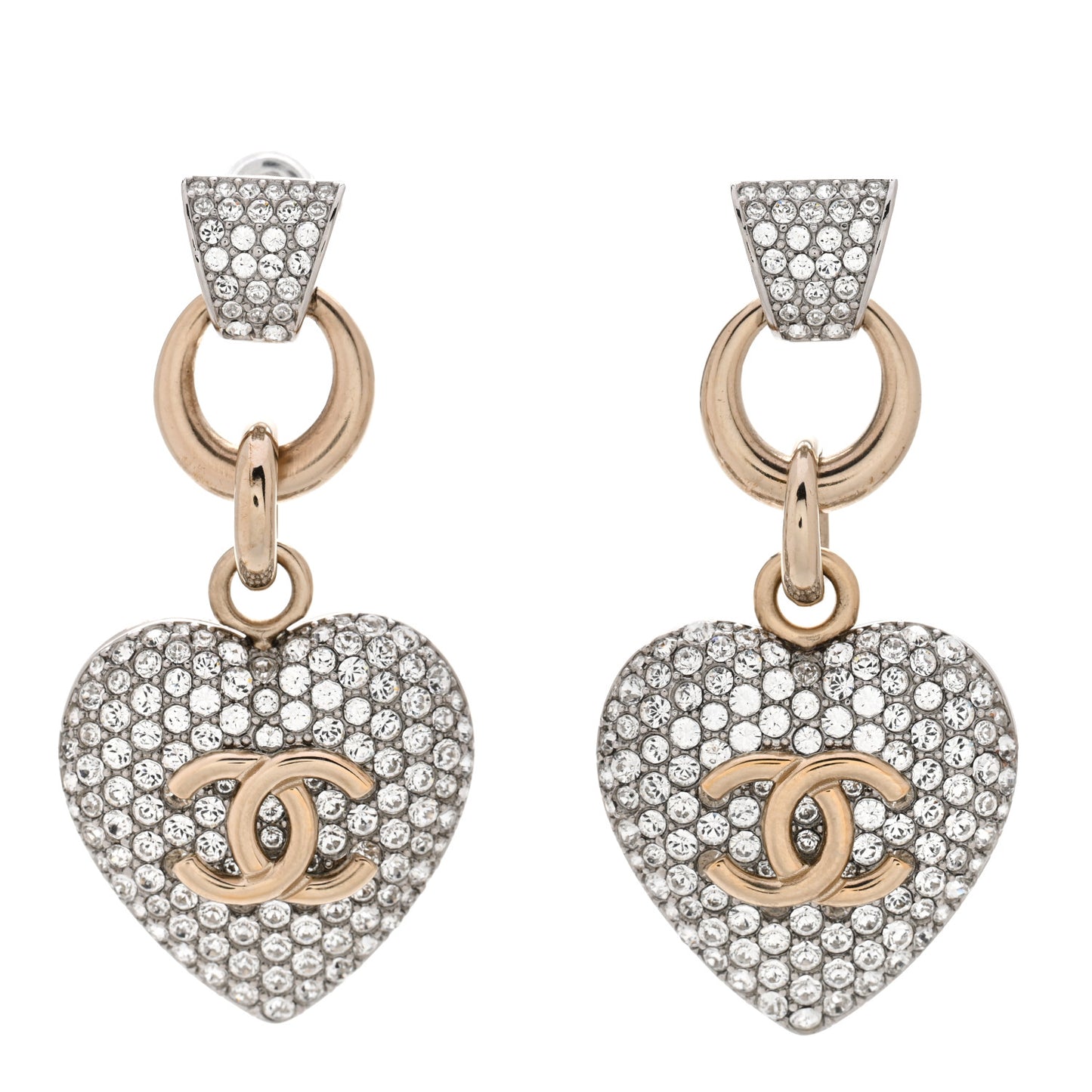 Crystal Heart CC Drop Earrings Silver Gold