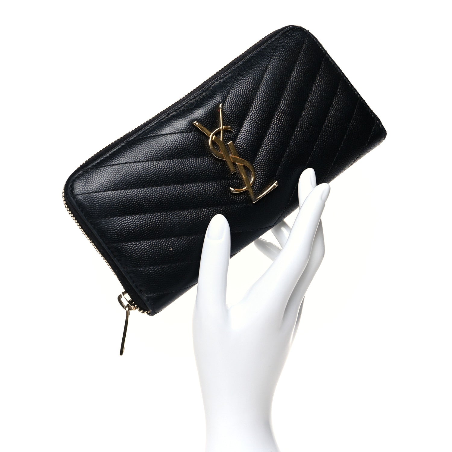 Saint Laurent Grain De Poudre Matelasse Chevron Monogram Zip Around Wallet Black 2 of 14